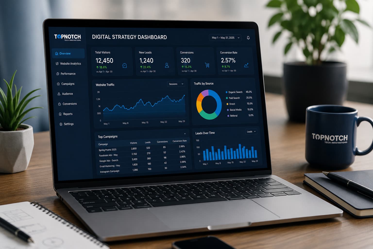 Laptop showing a digital strategy dashboard on a desk